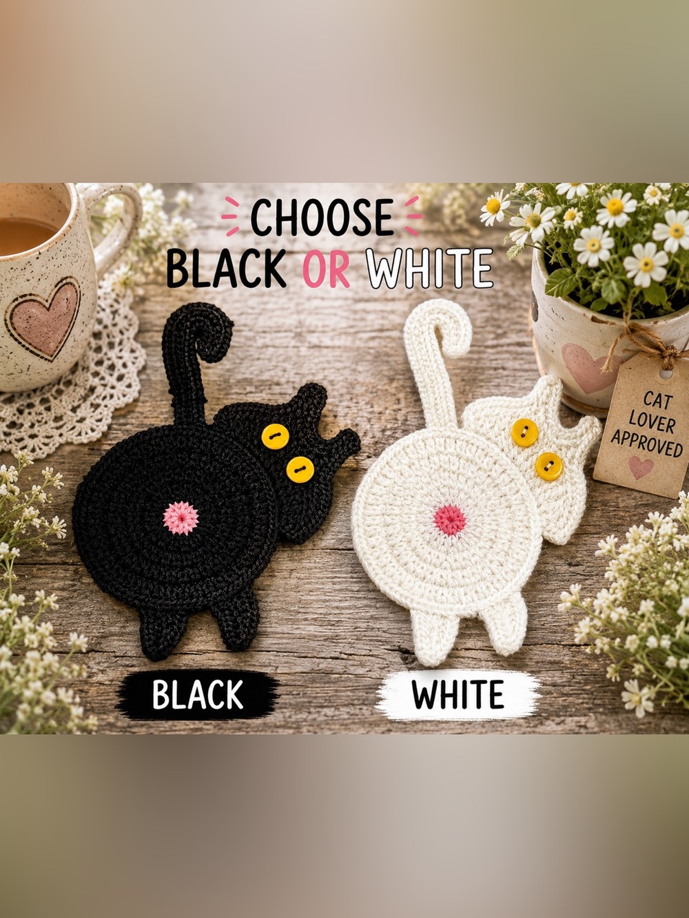 Crochet Cat Butt Coaster – Black or White